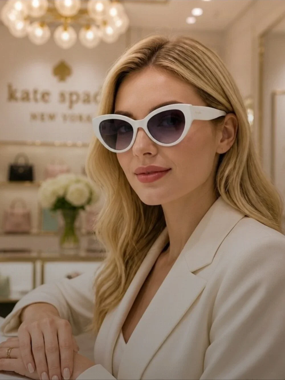 Kate Spade White Cat Eye Sunglasses with Gradient Blue Lenses